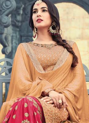 Peach georgette semi stitched wedding sharara kameez 2