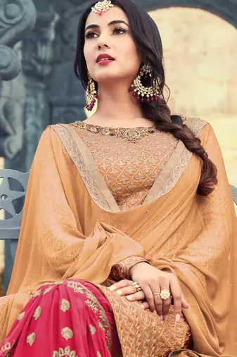 Peach georgette semi stitched wedding sharara kameez