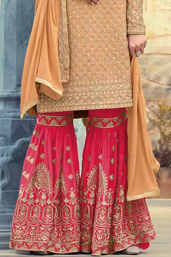 Peach georgette semi stitched wedding sharara kameez