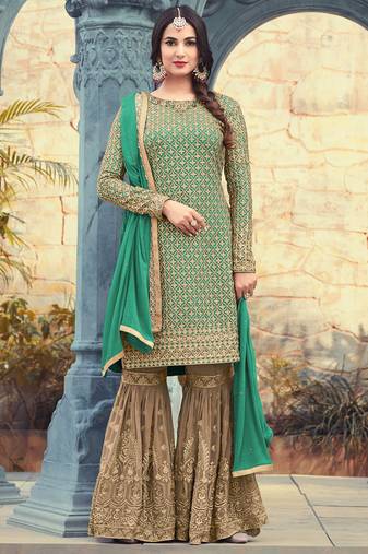 Green georgette semi stitched wedding sharara kameez