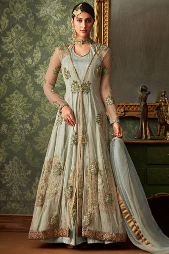 Grey silk, net semi stitched wedding anarkali suit with jacket