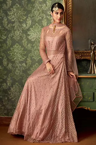 Pink rangoli silk semi stitched wedding gown anarkali