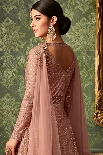 Pink rangoli silk semi stitched wedding gown anarkali