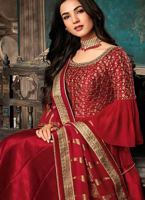 Red silk semi stitched wedding three piece gown 2