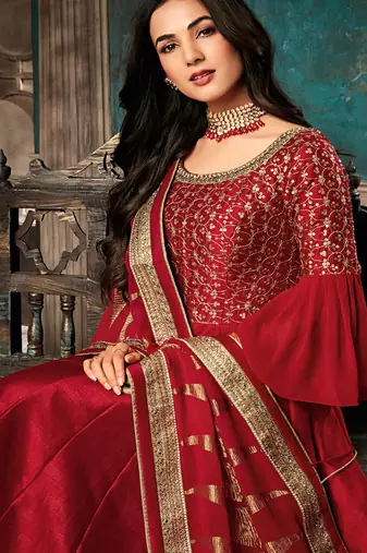 Red silk semi stitched wedding three piece gown