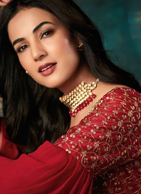 Red silk semi stitched wedding three piece gown 3