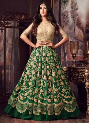 Beige net semi stitched wedding anarkali churidar 1