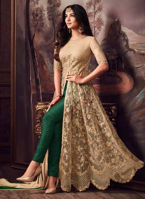 Beige net semi stitched wedding anarkali churidar 2