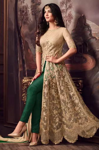Beige net semi stitched wedding anarkali churidar