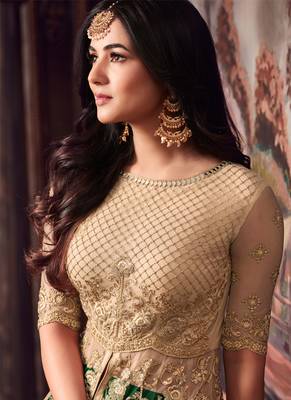 Beige net semi stitched wedding anarkali churidar 3