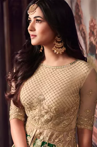 Beige net semi stitched wedding anarkali churidar
