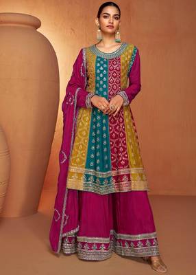 Voolka Multicolor Full Stitched Chinon Top with Pink Chinon Bottom and Embroidered Dupatta - Ethnic Ensemble for Women 1