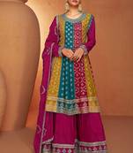 Voolka Multicolor Full Stitched Chinon Top with Pink Chinon Bottom and Embroidered Dupatta - Ethnic Ensemble for Women