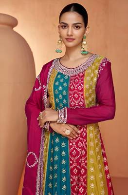 Voolka Multicolor Full Stitched Chinon Top with Pink Chinon Bottom and Embroidered Dupatta - Ethnic Ensemble for Women 2