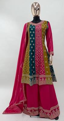 Voolka Multicolor Full Stitched Chinon Top with Pink Chinon Bottom and Embroidered Dupatta - Ethnic Ensemble for Women 4