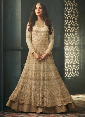 Beige net semi stitched wedding anarkali suit 1