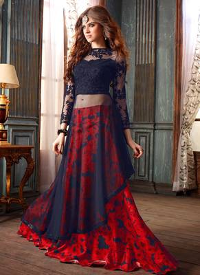 Blue net semi stitched wedding lehenga dress 1