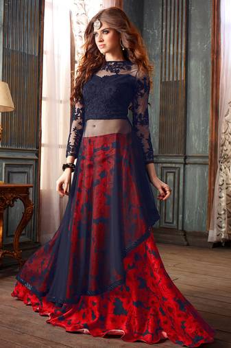 Blue net semi stitched wedding lehenga dress