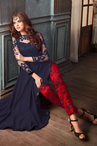 Blue net semi stitched wedding lehenga dress