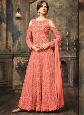 Peach net semi stitched wedding three piece gown 1