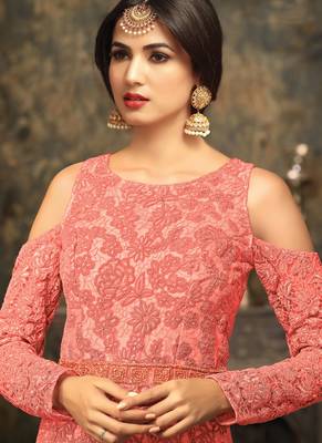 Peach net semi stitched wedding three piece gown 2