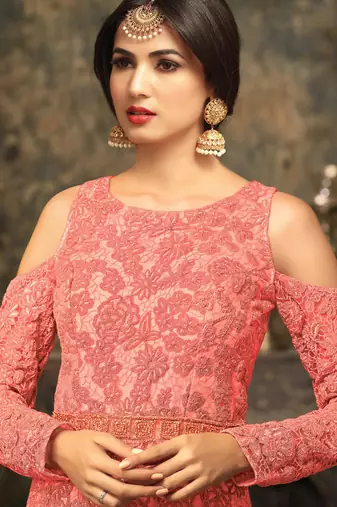 Peach net semi stitched wedding three piece gown