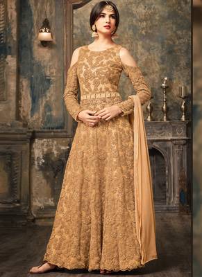 Beige net semi stitched wedding three piece gown 1
