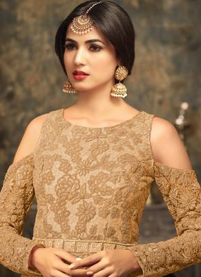 Beige net semi stitched wedding three piece gown 2