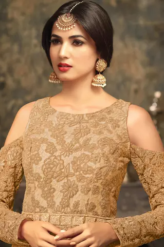 Beige net semi stitched wedding three piece gown