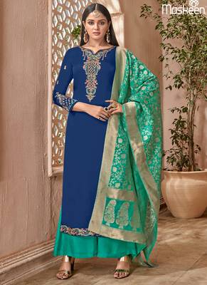 Blue satin georgette semi stitched party palazzo suit 1
