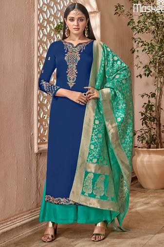 Blue satin georgette semi stitched party palazzo suit