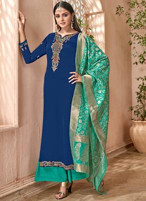 Blue satin georgette semi stitched party palazzo suit 2
