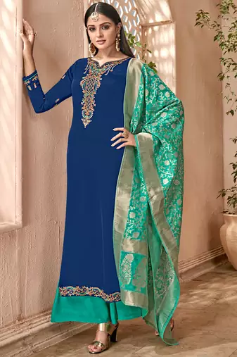 Blue satin georgette semi stitched party palazzo suit