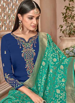Blue satin georgette semi stitched party palazzo suit 3