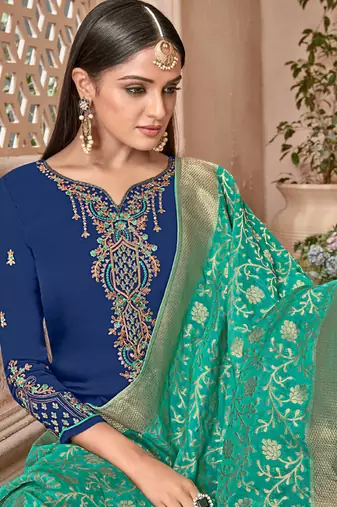 Blue satin georgette semi stitched party palazzo suit