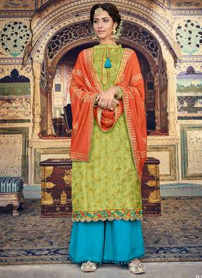 Green banarsi silk semi stitched wedding palazzo shalvar 1
