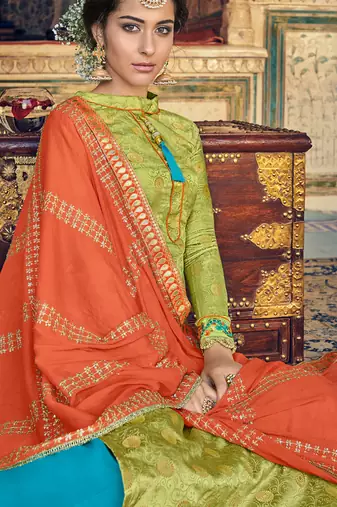 Green banarsi silk semi stitched wedding palazzo shalvar