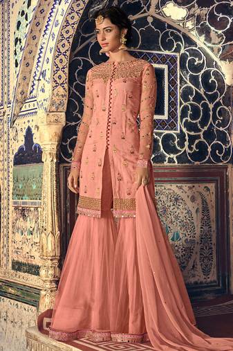 Peach net semi stitched wedding sharara kameez