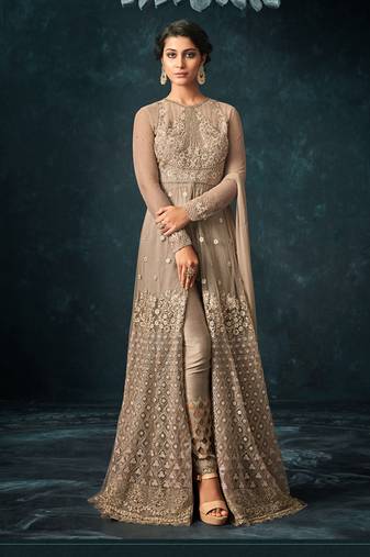 Beige net semi stitched wedding pakistani suit