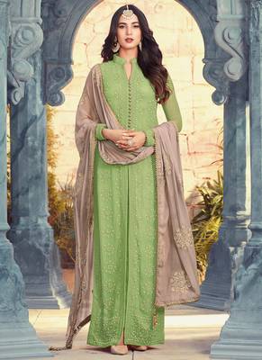 Green georgette semi stitched wedding sherwani suit 1