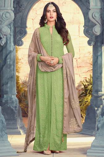 Green georgette semi stitched wedding sherwani suit