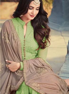 Green georgette semi stitched wedding sherwani suit 2