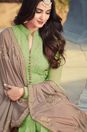 Green georgette semi stitched wedding sherwani suit