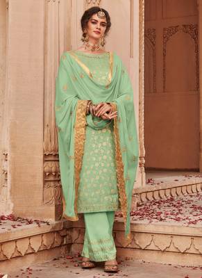 Green banarsi silk semi stitched wedding palazzo suit 1