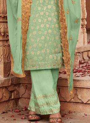 Green banarsi silk semi stitched wedding palazzo suit 2