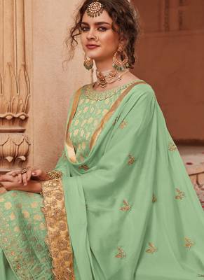 Green banarsi silk semi stitched wedding palazzo suit 3