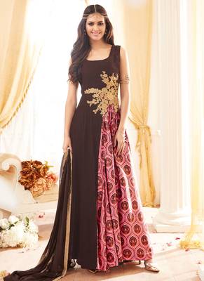Brown georgette semi stitched party gown 1