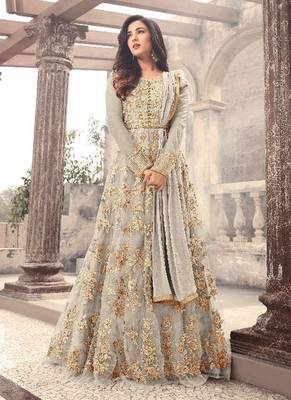 Grey net semi stitched floor length anarkali 1