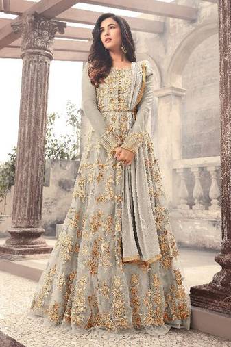 Grey net semi stitched floor length anarkali