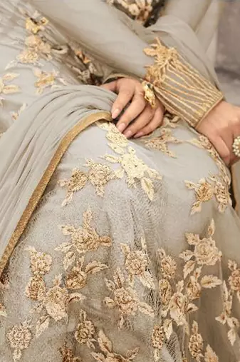 Grey net semi stitched floor length anarkali